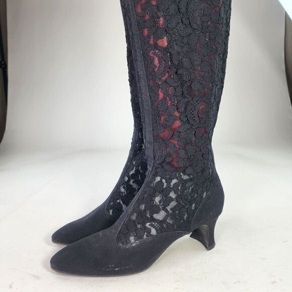 Yves Saint Laurent Womens Applique Lace Back Zip Tall Boot US 10 Black Heel Boot - Picture 5 of 14